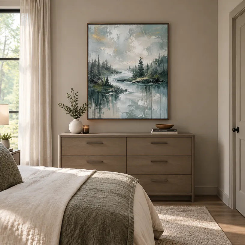 Abstract Expressionist landscapes & seascapes & cityscapes oil painting showing a green forest lake with misty reflections in a green palette, contemporary wall art.