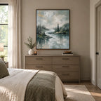 Abstract Expressionist landscapes & seascapes & cityscapes oil painting showing a green forest lake with misty reflections in a green palette, contemporary wall art.