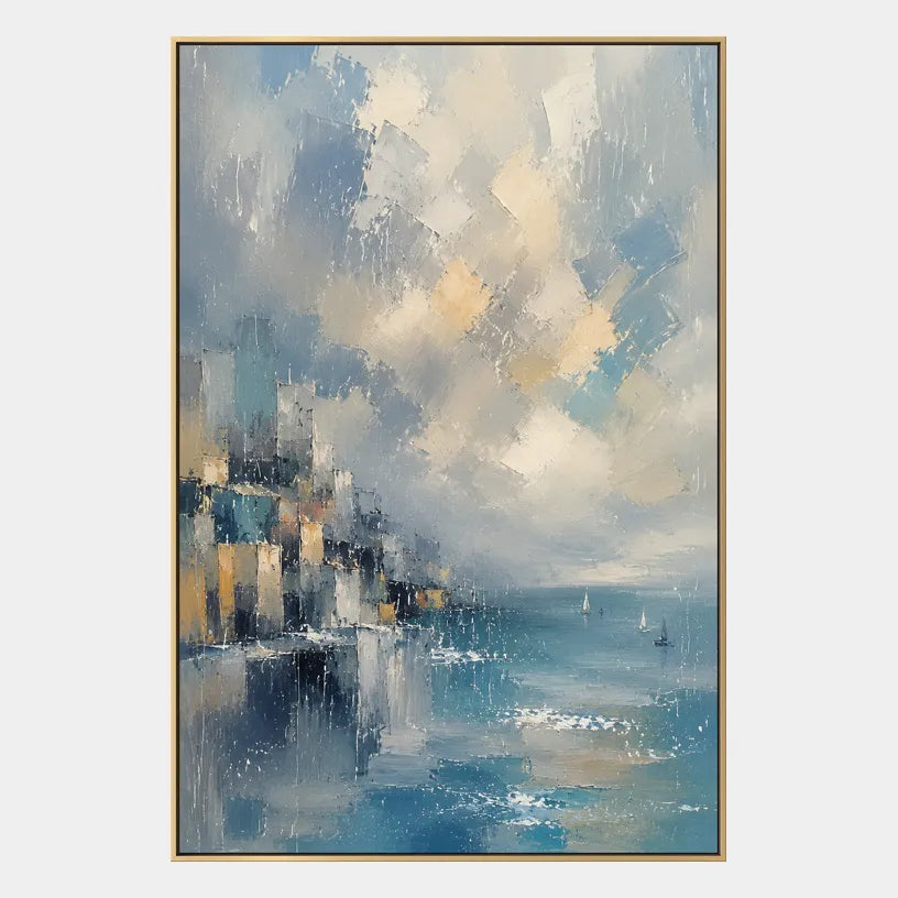 Abstract Expressionist landscapes & seascapes & cityscapes oil painting showing a blue mountain lake with golden cloud light in a blue palette, contemporary wall art.