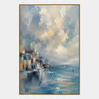 Abstract Expressionist landscapes & seascapes & cityscapes oil painting showing a blue mountain lake with golden cloud light in a blue palette, contemporary wall art.