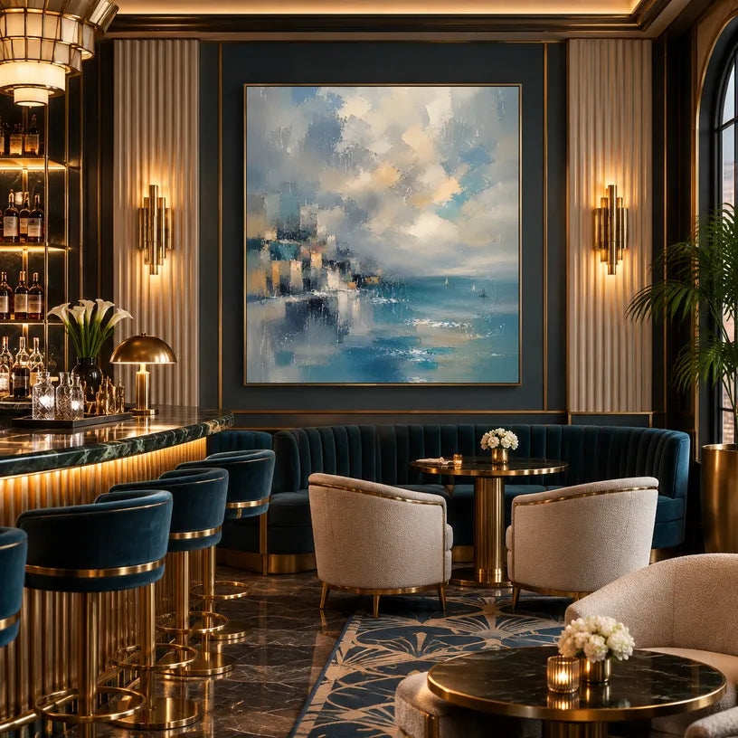 Abstract Expressionist landscapes & seascapes & cityscapes oil painting showing a blue mountain lake with golden cloud light in a blue palette, contemporary wall art.