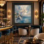 Abstract Expressionist landscapes & seascapes & cityscapes oil painting showing a blue mountain lake with golden cloud light in a blue palette, contemporary wall art.