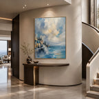 Abstract Expressionist landscapes & seascapes & cityscapes oil painting showing a blue mountain lake with golden cloud light in a blue palette, contemporary wall art.