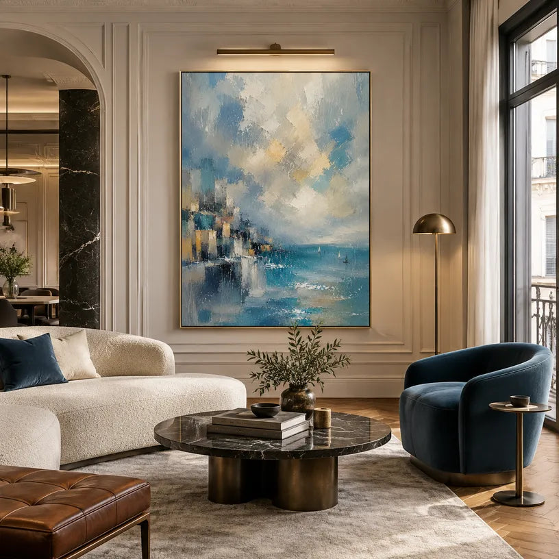 Abstract Expressionist landscapes & seascapes & cityscapes oil painting showing a blue mountain lake with golden cloud light in a blue palette, contemporary wall art.
