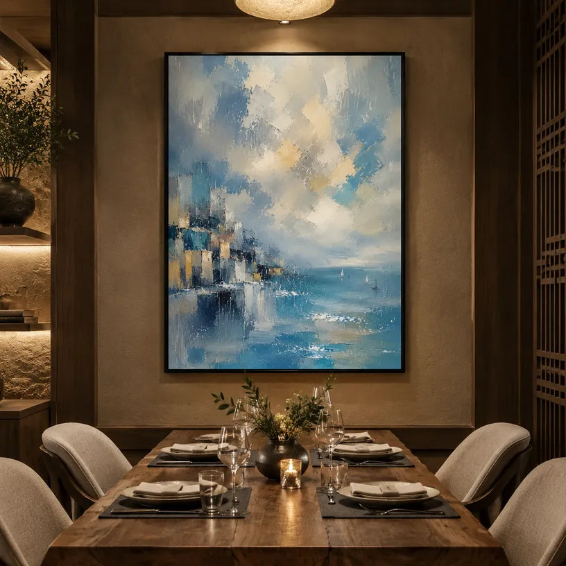 Abstract Expressionist landscapes & seascapes & cityscapes oil painting showing a blue mountain lake with golden cloud light in a blue palette, contemporary wall art.