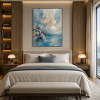 Abstract Expressionist landscapes & seascapes & cityscapes oil painting showing a blue mountain lake with golden cloud light in a blue palette, contemporary wall art.