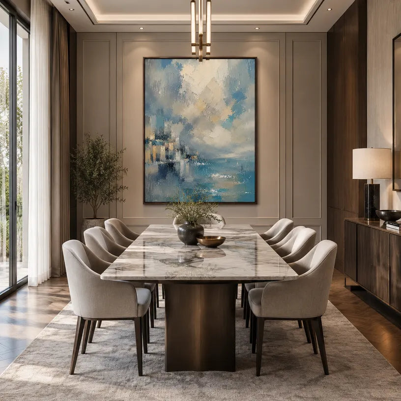 Abstract Expressionist landscapes & seascapes & cityscapes oil painting showing a blue mountain lake with golden cloud light in a blue palette, contemporary wall art.