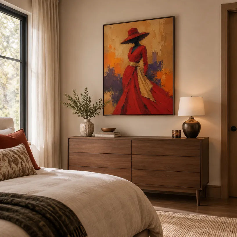 Abstract Expressionist portraiture & figure oil painting showing a stylized figure or portrait with expressive painterly shapes in a orange palette.