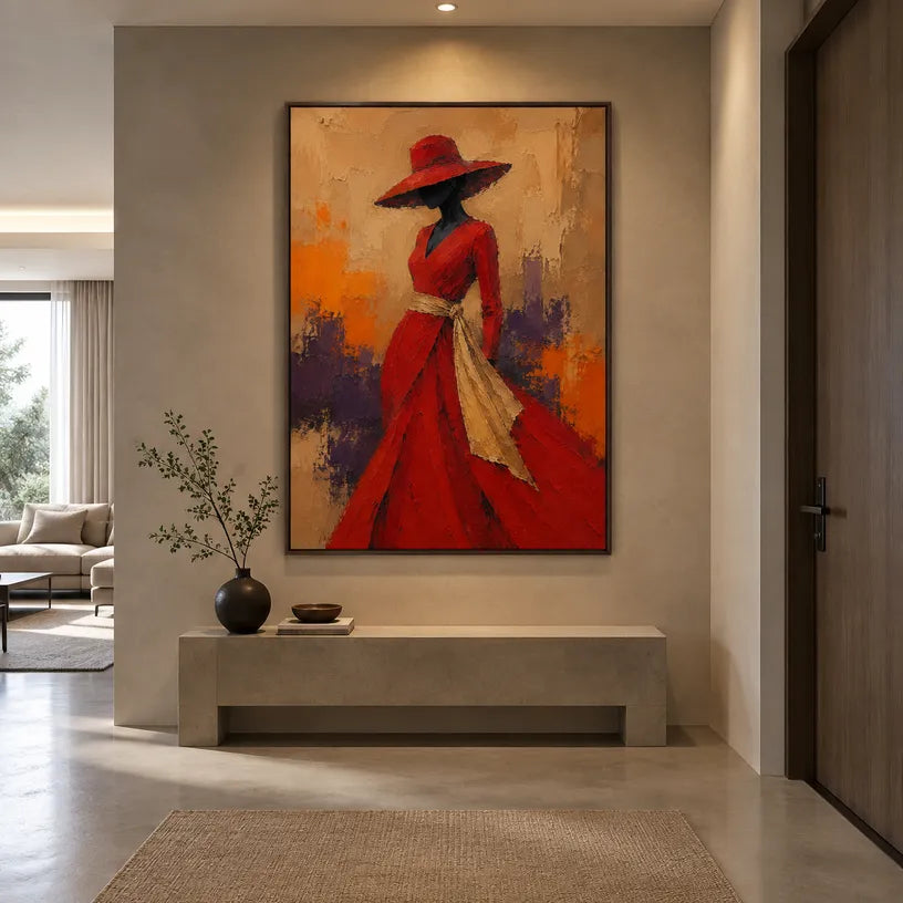 Abstract Expressionist portraiture & figure oil painting showing a stylized figure or portrait with expressive painterly shapes in a orange palette.