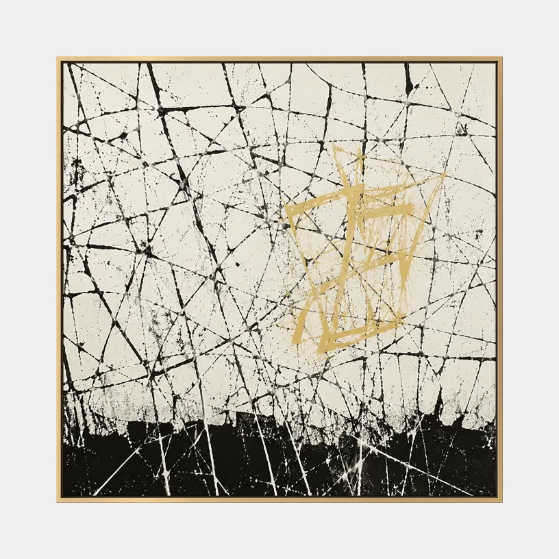 Abstract Expressionist abstract oil painting showing pale linear abstraction with a gold geometric accent in a black and white palette, contemporary wall art.