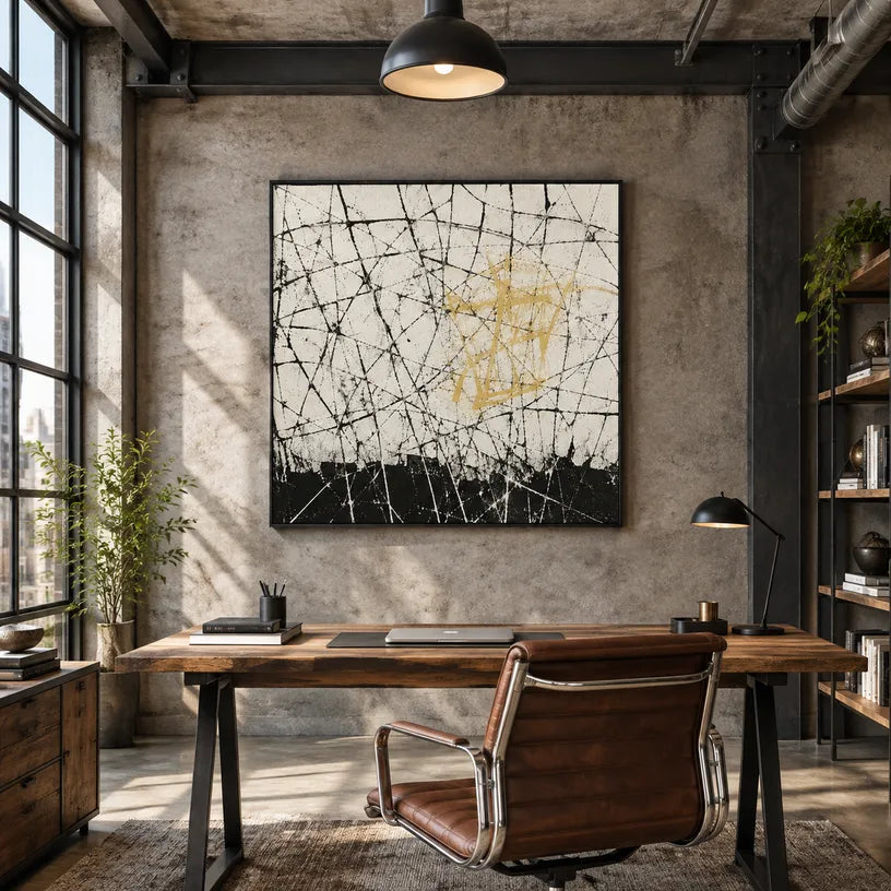 Abstract Expressionist abstract oil painting showing pale linear abstraction with a gold geometric accent in a black and white palette, contemporary wall art.