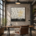 Abstract Expressionist abstract oil painting showing pale linear abstraction with a gold geometric accent in a black and white palette, contemporary wall art.