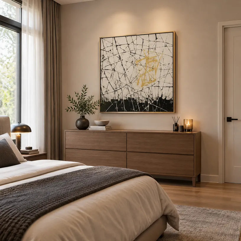 Abstract Expressionist abstract oil painting showing pale linear abstraction with a gold geometric accent in a black and white palette, contemporary wall art.