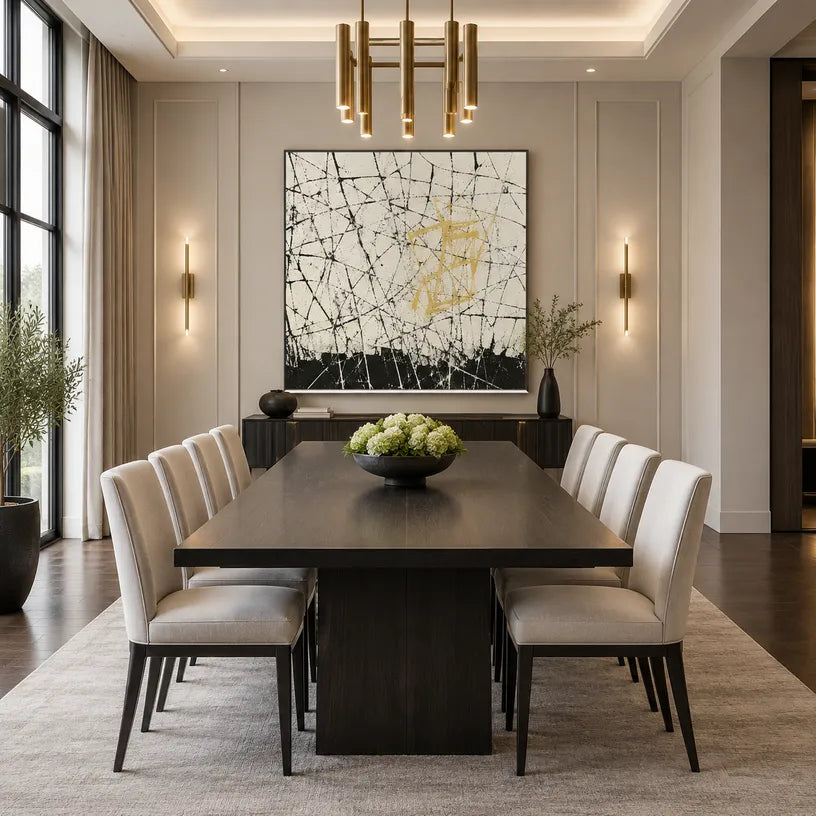 Abstract Expressionist abstract oil painting showing pale linear abstraction with a gold geometric accent in a black and white palette, contemporary wall art.
