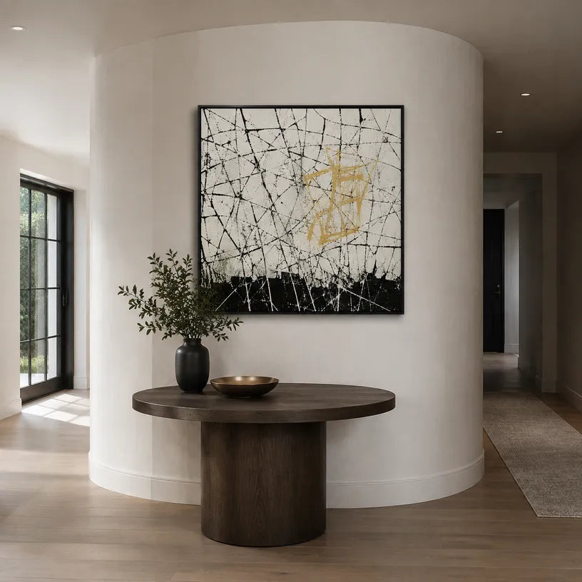 Abstract Expressionist abstract oil painting showing pale linear abstraction with a gold geometric accent in a black and white palette, contemporary wall art.