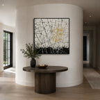 Abstract Expressionist abstract oil painting showing pale linear abstraction with a gold geometric accent in a black and white palette, contemporary wall art.