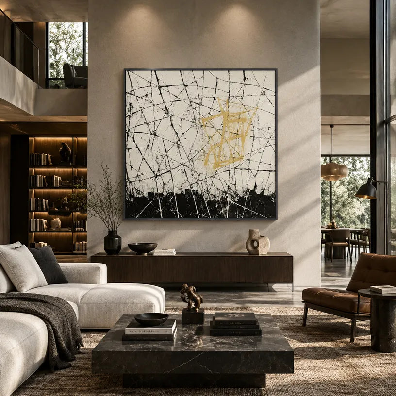 Abstract Expressionist abstract oil painting showing pale linear abstraction with a gold geometric accent in a black and white palette, contemporary wall art.