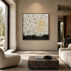 Abstract Expressionist abstract oil painting showing pale linear abstraction with a gold geometric accent in a black and white palette, contemporary wall art.