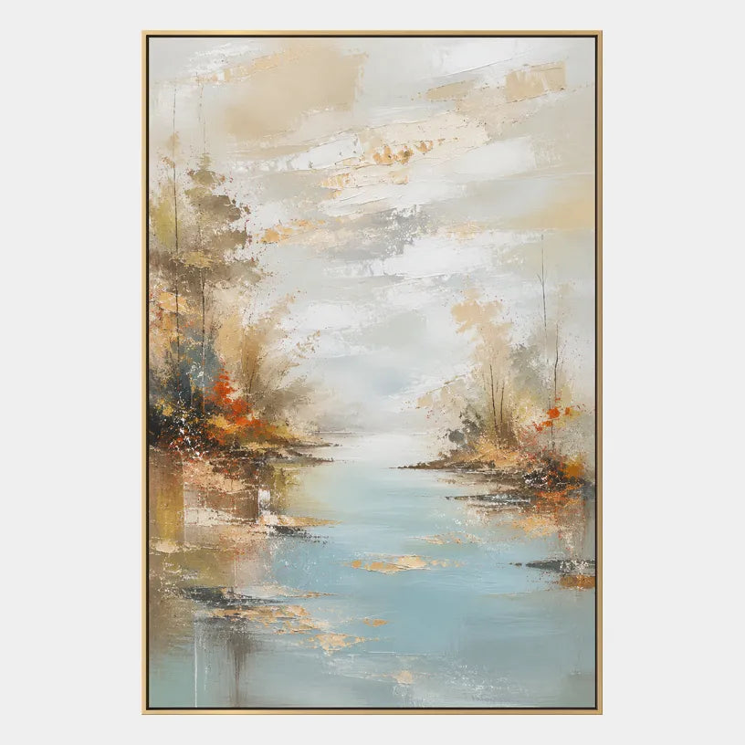 Abstract Expressionist landscapes & seascapes & cityscapes oil painting showing an autumn river landscape with warm foliage in a orange palette, contemporary wall art.