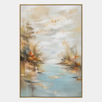 Abstract Expressionist landscapes & seascapes & cityscapes oil painting showing an autumn river landscape with warm foliage in a orange palette, contemporary wall art.