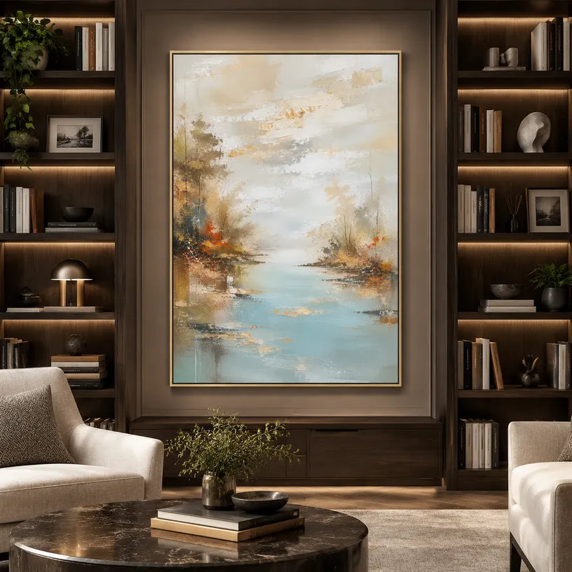 Abstract Expressionist landscapes & seascapes & cityscapes oil painting showing an autumn river landscape with warm foliage in a orange palette, contemporary wall art.