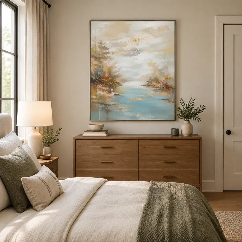 Abstract Expressionist landscapes & seascapes & cityscapes oil painting showing an autumn river landscape with warm foliage in a orange palette, contemporary wall art.
