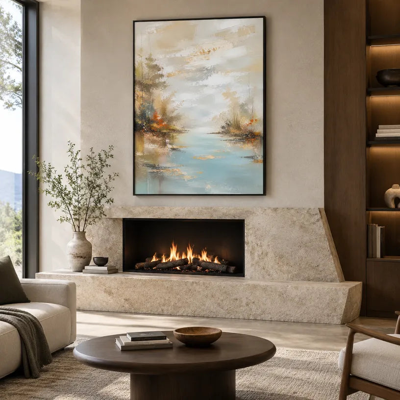 Abstract Expressionist landscapes & seascapes & cityscapes oil painting showing an autumn river landscape with warm foliage in a orange palette, contemporary wall art.