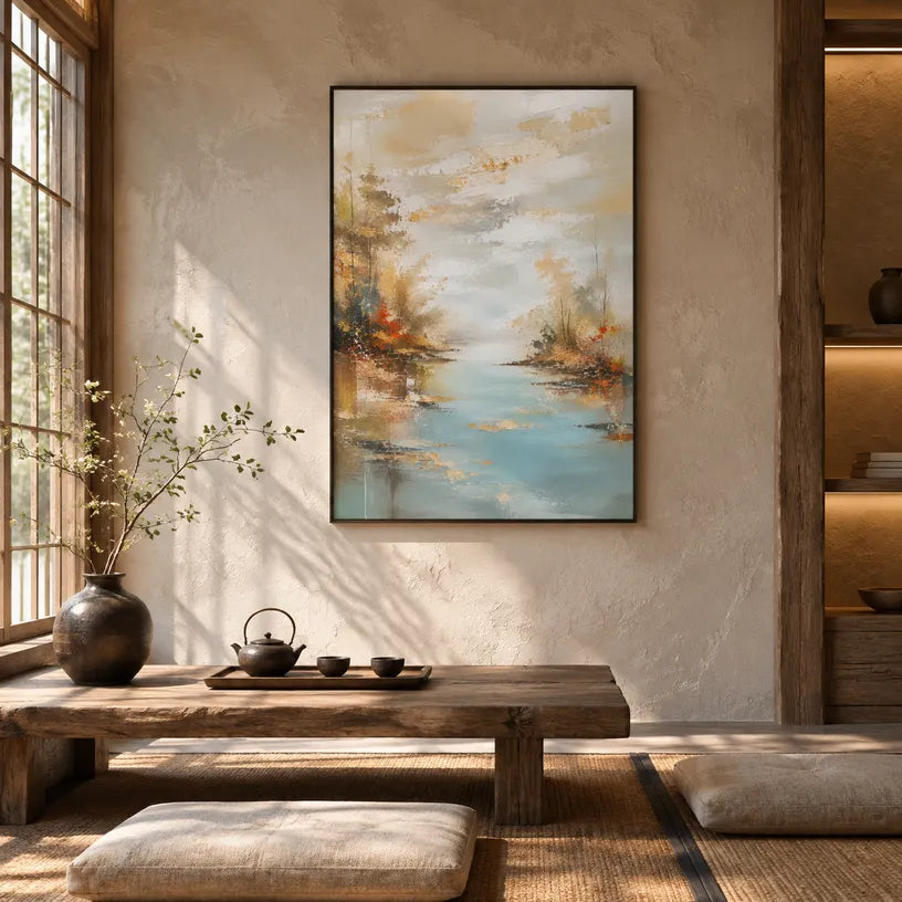 Abstract Expressionist landscapes & seascapes & cityscapes oil painting showing an autumn river landscape with warm foliage in a orange palette, contemporary wall art.