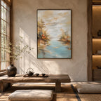 Abstract Expressionist landscapes & seascapes & cityscapes oil painting showing an autumn river landscape with warm foliage in a orange palette, contemporary wall art.