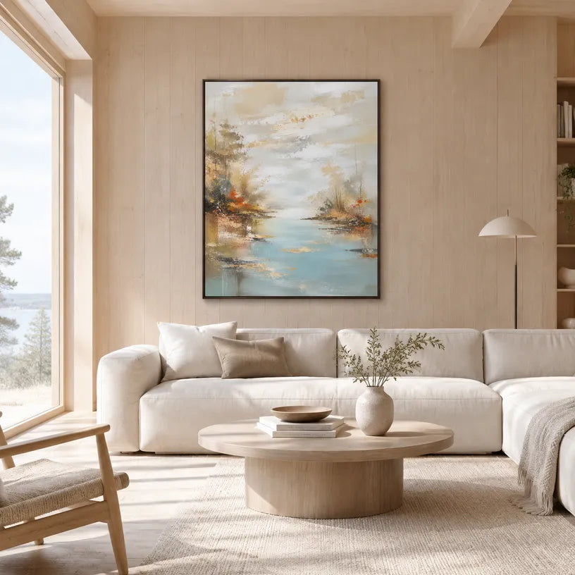 Abstract Expressionist landscapes & seascapes & cityscapes oil painting showing an autumn river landscape with warm foliage in a orange palette, contemporary wall art.