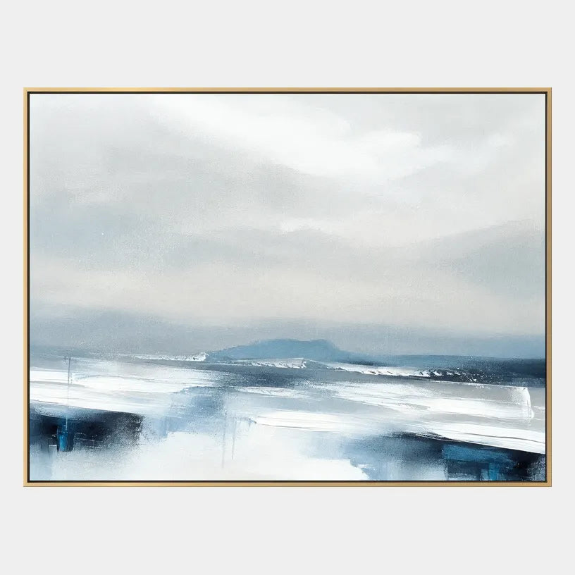 Abstract Expressionist landscapes & seascapes & cityscapes oil painting showing a painterly landscape with distant hills, trees or reflective water.