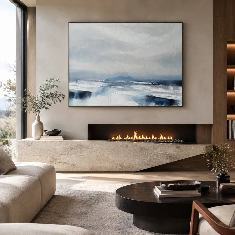 Abstract Expressionist landscapes & seascapes & cityscapes oil painting showing a painterly landscape with distant hills, trees or reflective water.