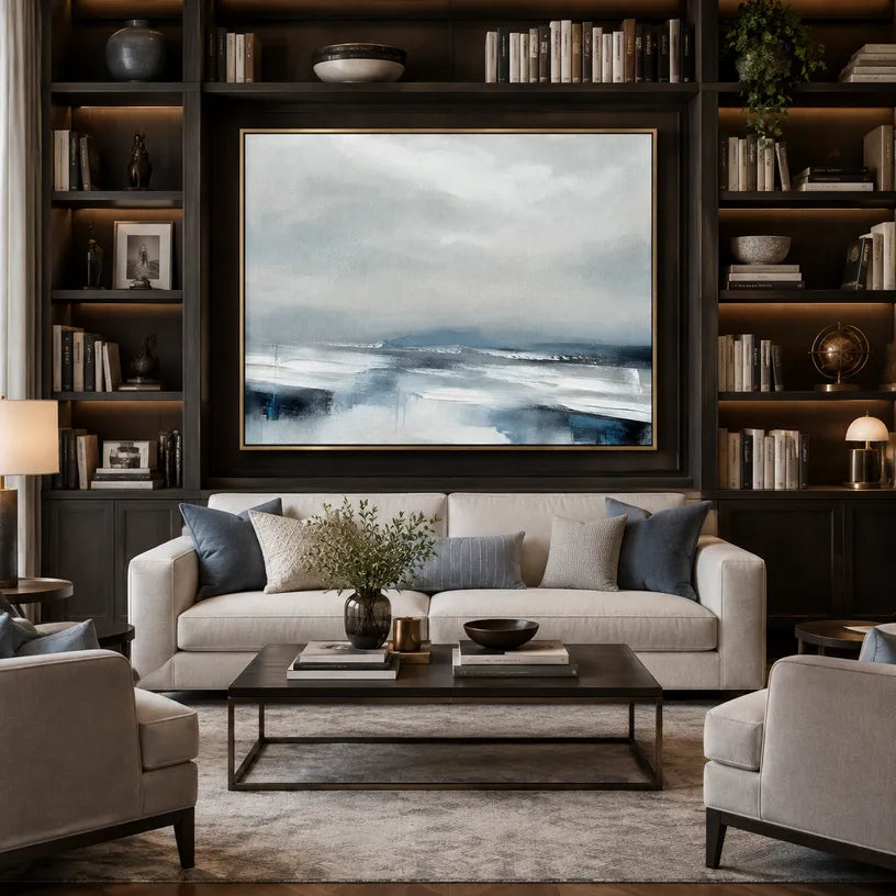 Abstract Expressionist landscapes & seascapes & cityscapes oil painting showing a painterly landscape with distant hills, trees or reflective water.