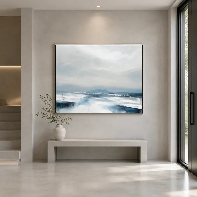 Abstract Expressionist landscapes & seascapes & cityscapes oil painting showing a painterly landscape with distant hills, trees or reflective water.