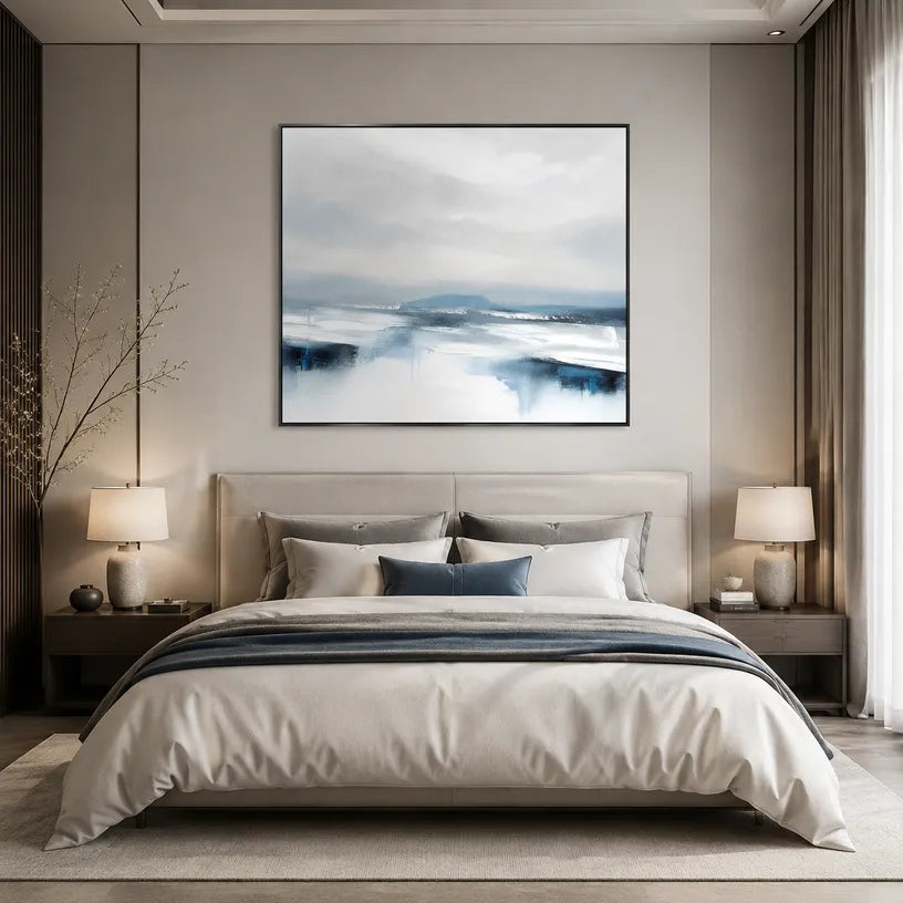 Abstract Expressionist landscapes & seascapes & cityscapes oil painting showing a painterly landscape with distant hills, trees or reflective water.
