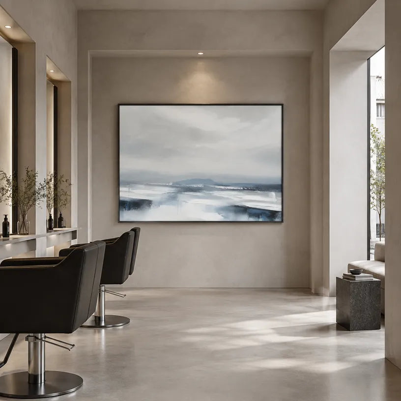 Abstract Expressionist landscapes & seascapes & cityscapes oil painting showing a painterly landscape with distant hills, trees or reflective water.