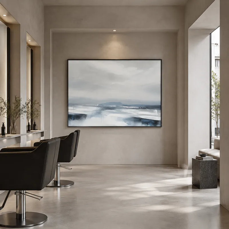 Peinture à l'huile de paysages, de marines et de paysages urbains d'expressionnisme abstrait présentant un paysage atmosphérique, un paysage marin ou une composition inspirée de la ville dans une palette de gris.