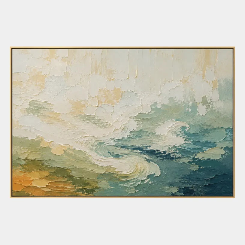 Abstract Expressionist landscapes & seascapes & cityscapes oil painting showing a painterly landscape with distant hills, trees or reflective water in a beige palette.