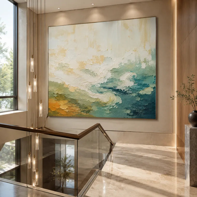 Abstract Expressionist landscapes & seascapes & cityscapes oil painting showing a painterly landscape with distant hills, trees or reflective water in a beige palette.