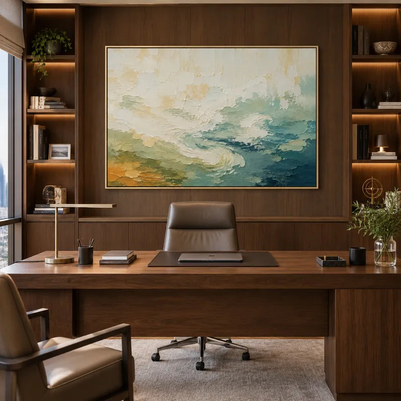 Abstract Expressionist landscapes & seascapes & cityscapes oil painting showing a painterly landscape with distant hills, trees or reflective water in a beige palette.