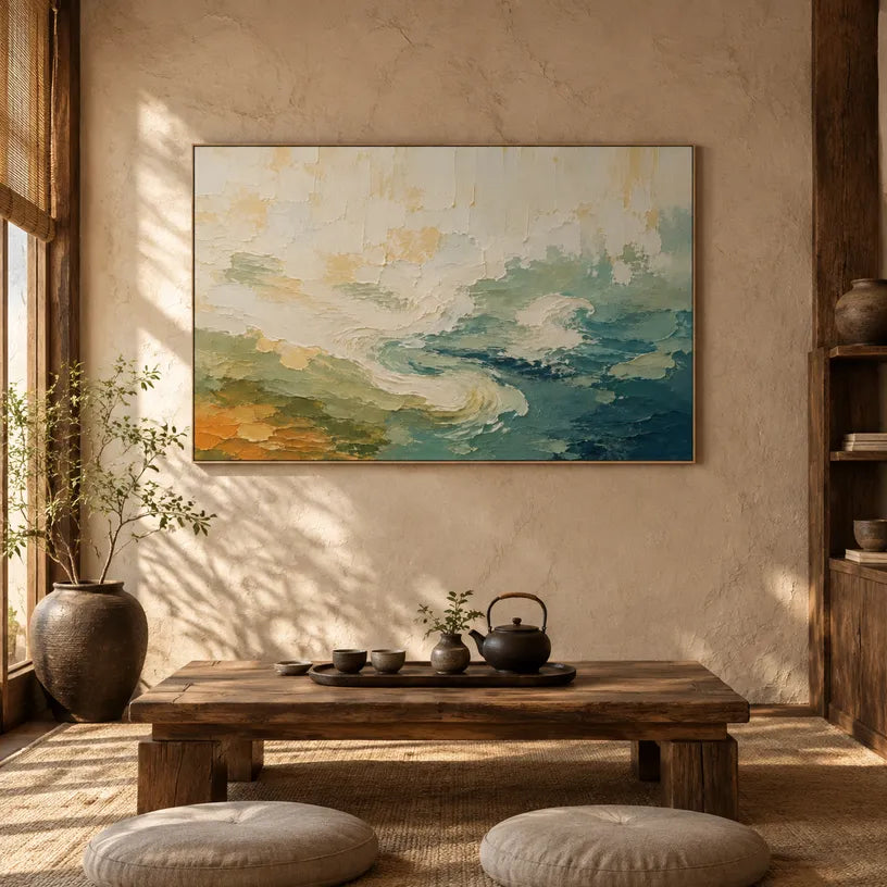 Abstract Expressionist landscapes & seascapes & cityscapes oil painting showing a painterly landscape with distant hills, trees or reflective water in a beige palette.
