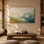 Abstract Expressionist landscapes & seascapes & cityscapes oil painting showing a painterly landscape with distant hills, trees or reflective water in a beige palette.