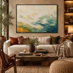 Abstract Expressionist landscapes & seascapes & cityscapes oil painting showing a painterly landscape with distant hills, trees or reflective water in a beige palette.