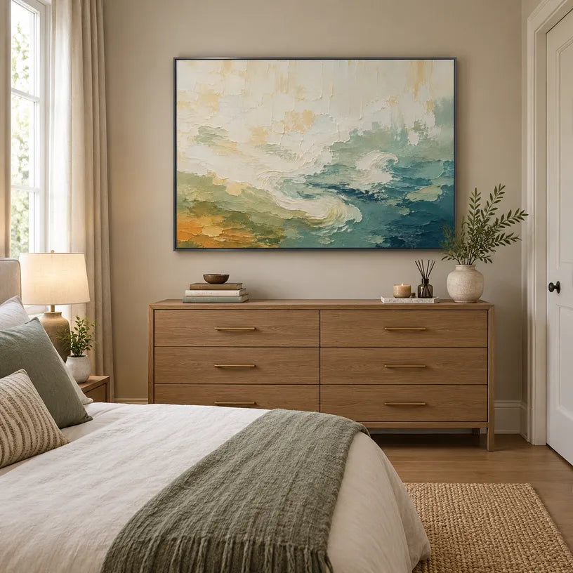 Abstract Expressionist landscapes & seascapes & cityscapes oil painting showing a painterly landscape with distant hills, trees or reflective water in a beige palette.