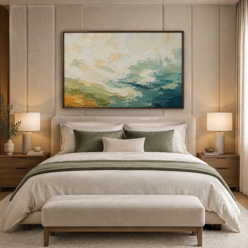 Abstract Expressionist landscapes & seascapes & cityscapes oil painting showing a painterly landscape with distant hills, trees or reflective water in a beige palette.