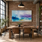 Abstract Expressionist abstract oil painting showing layered abstract marks, texture and expressive painterly movement in a blue palette.