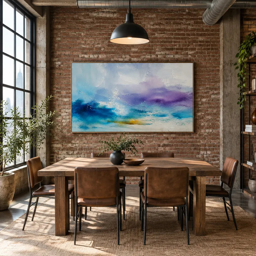 Abstract Expressionist abstract oil painting showing layered abstract marks, texture and expressive painterly movement in a blue palette.