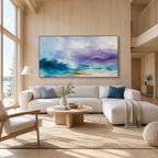Abstract Expressionist abstract oil painting showing layered abstract marks, texture and expressive painterly movement in a blue palette.