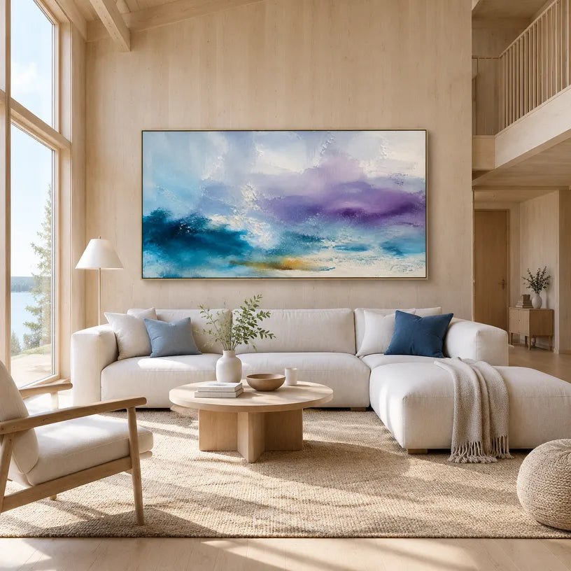 Abstract Expressionist abstract oil painting showing layered abstract marks, texture and expressive painterly movement in a blue palette.