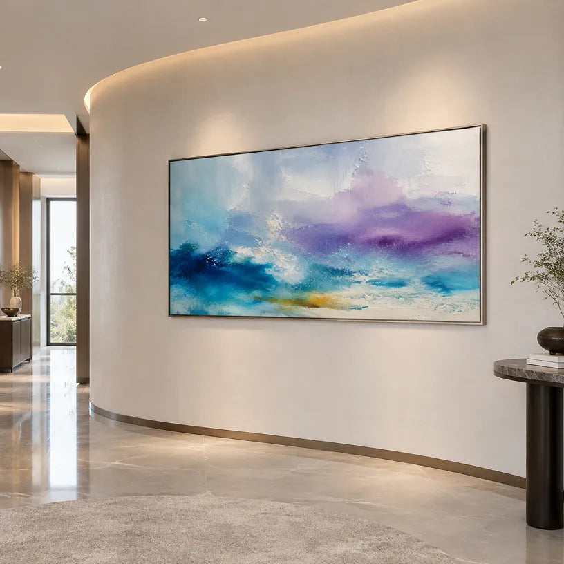 Abstract Expressionist abstract oil painting showing layered abstract marks, texture and expressive painterly movement in a blue palette.
